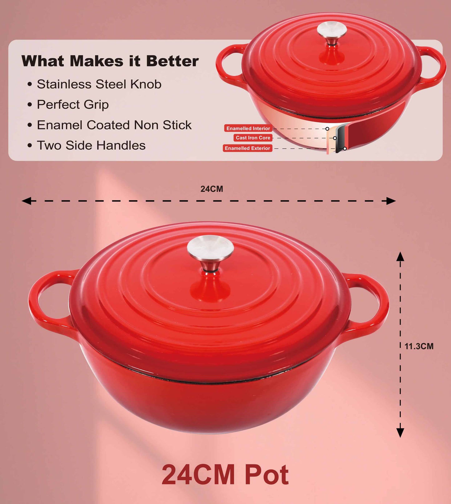 Dimensions of Elvira Cast Iron 4L Pot